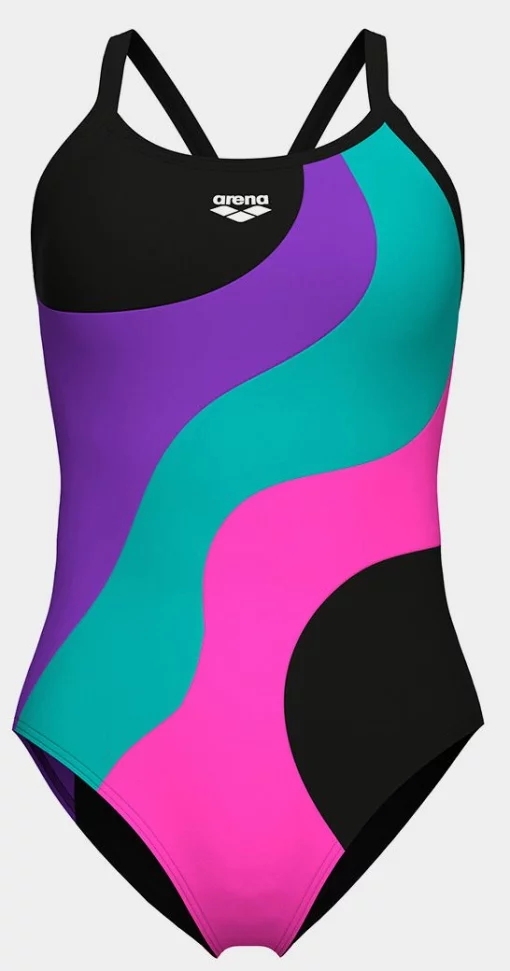 Купальник закритий для жінок Arena MULTI SLICES SWIMSUIT LIGHTDRO чорний, бузковий, бірюзовий, рожевий Жін 44