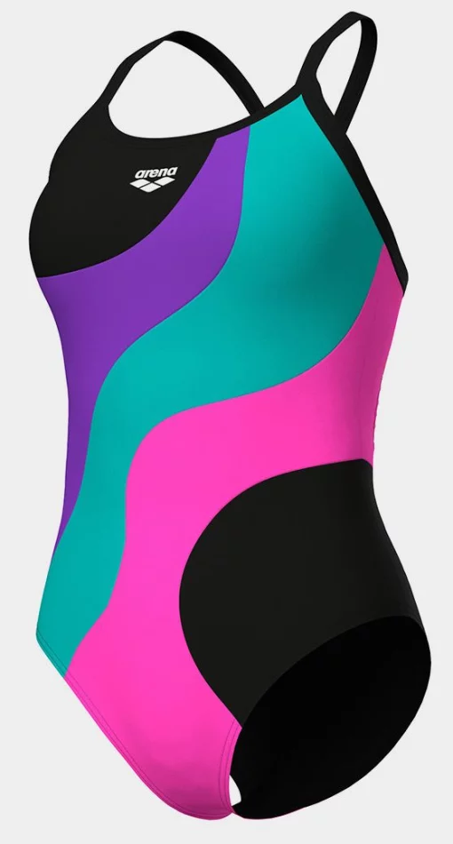 Купальник закритий для жінок Arena MULTI SLICES SWIMSUIT LIGHTDRO чорний, бузковий, бірюзовий, рожевий Жін 44