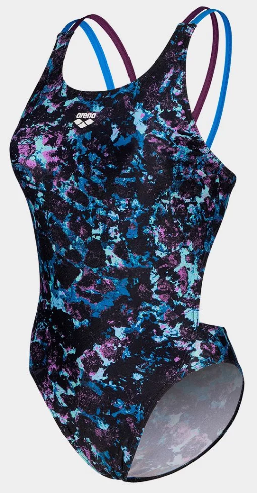 Купальник закритий для жінок Arena ROCKIN SWIMSUIT SWIM TECH MULT чорний, синій, фіолетовий Жін