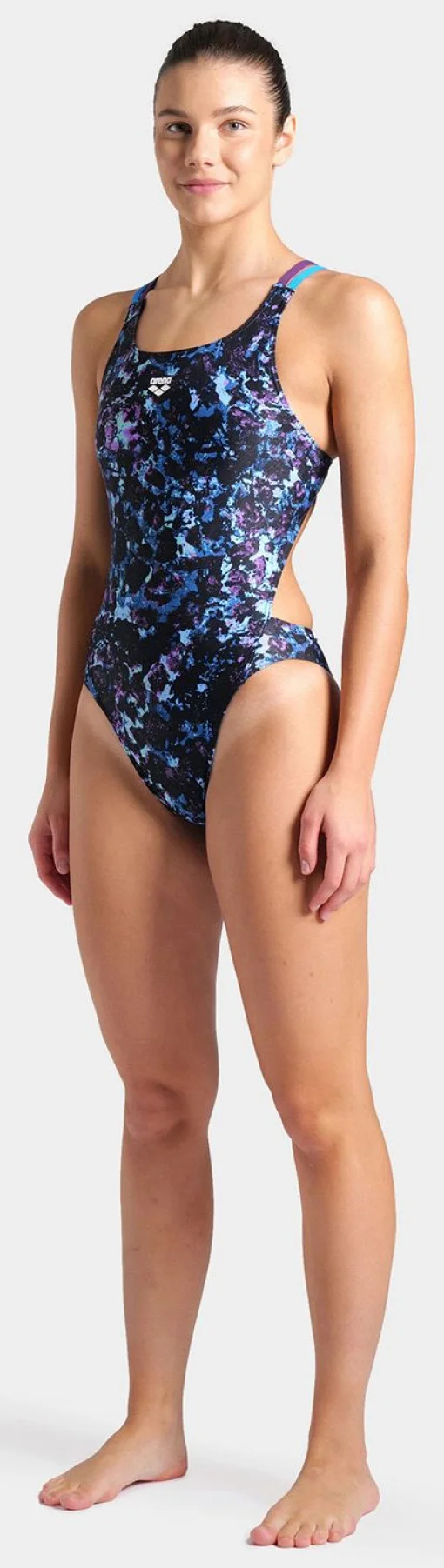 Купальник закритий для жінок Arena ROCKIN SWIMSUIT SWIM TECH MULT чорний, синій, фіолетовий Жін 40
