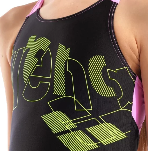 Купальник закритий для дівчат Arena TALES SWIMSUIT V BACK чорний, жовтий, рожевий дитячий 116 см (009085-590)