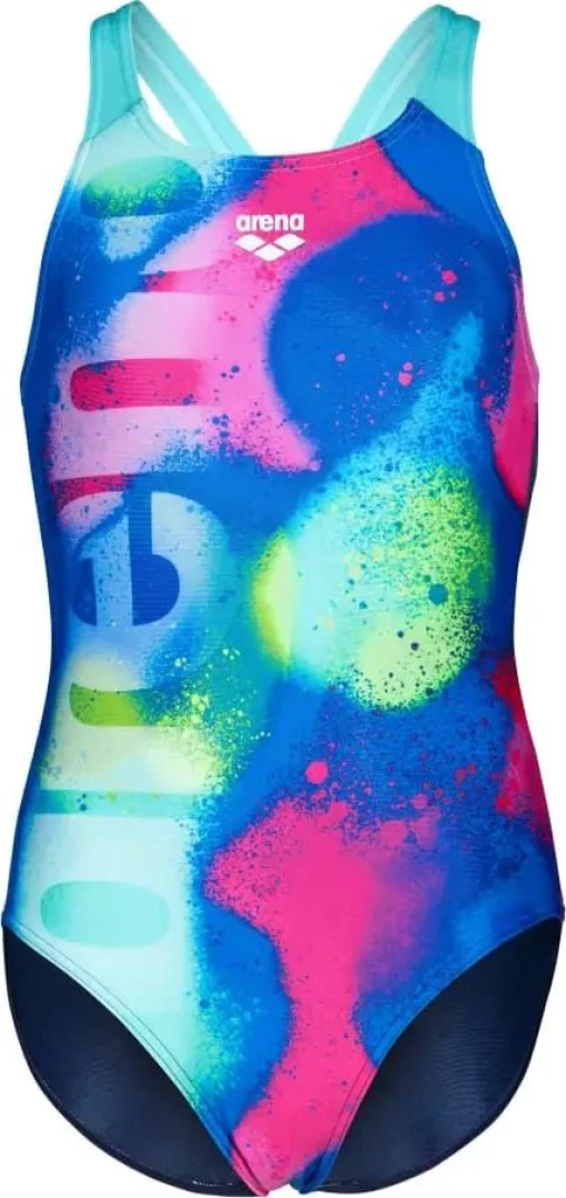 Купальник закритий для дівчат Arena SPRAY PAINT SWIMSUIT SWIM PRO синій, рожевий, жовтий дитячий 128 см (010286-740)