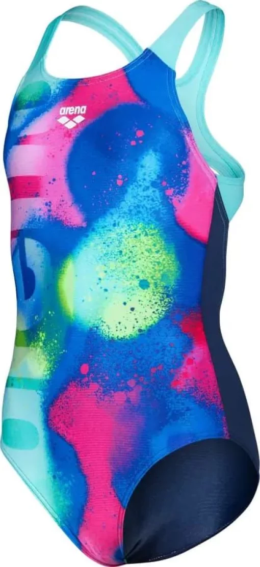 Купальник закритий для дівчат Arena SPRAY PAINT SWIMSUIT SWIM PRO синій, рожевий, жовтий дитячий 128 см (010286-740)