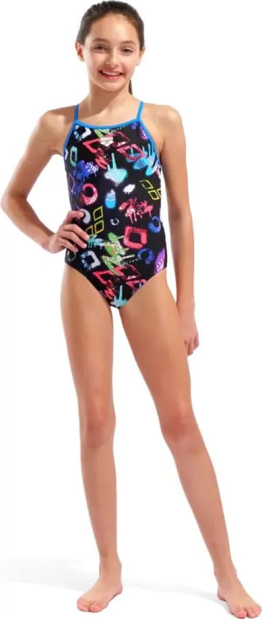 Купальник закритий для дівчат Arena GRAFFITI SWIMSUIT LIGHT DROP B чорний, мультиколор дитячий 128 см (010289-580)