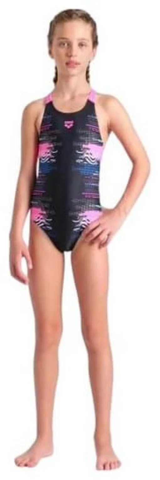 Купальник для дівчат Arena RHYTHM SWIMSUIT V BACK L чорний, рожевий Діт 128 см
