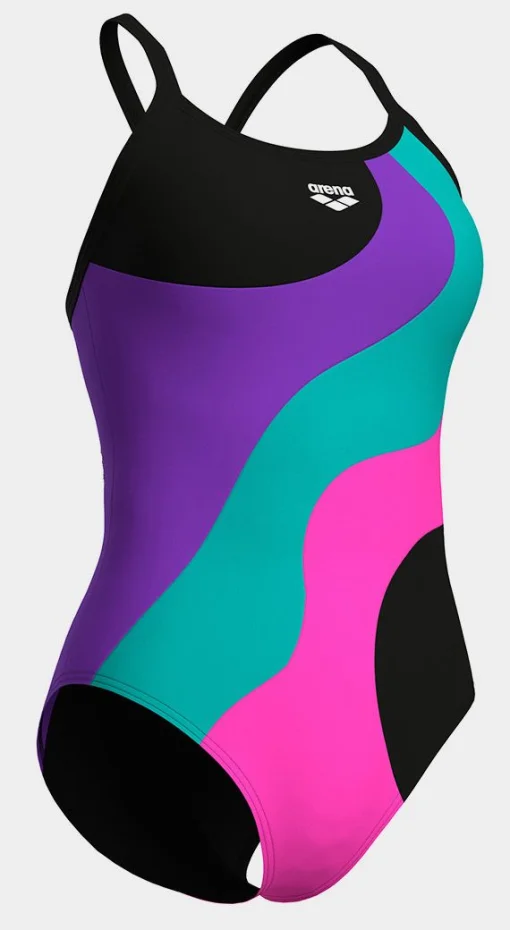 Купальник закритий для жінок Arena MULTI SLICES SWIMSUIT LIGHTDRO чорний, бузковий, бірюзовий, рожевий Жін 40
