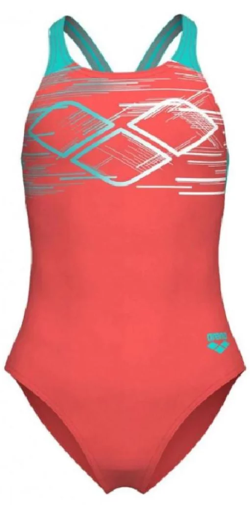 Купальник для дівчат Arena PASTIME SWIMSUIT V BACK моркв'яний, бірюзовий, білий Діт