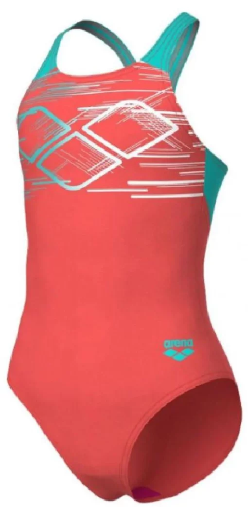 Купальник для дівчат Arena PASTIME SWIMSUIT V BACK моркв'яний, бірюзовий, білий Діт